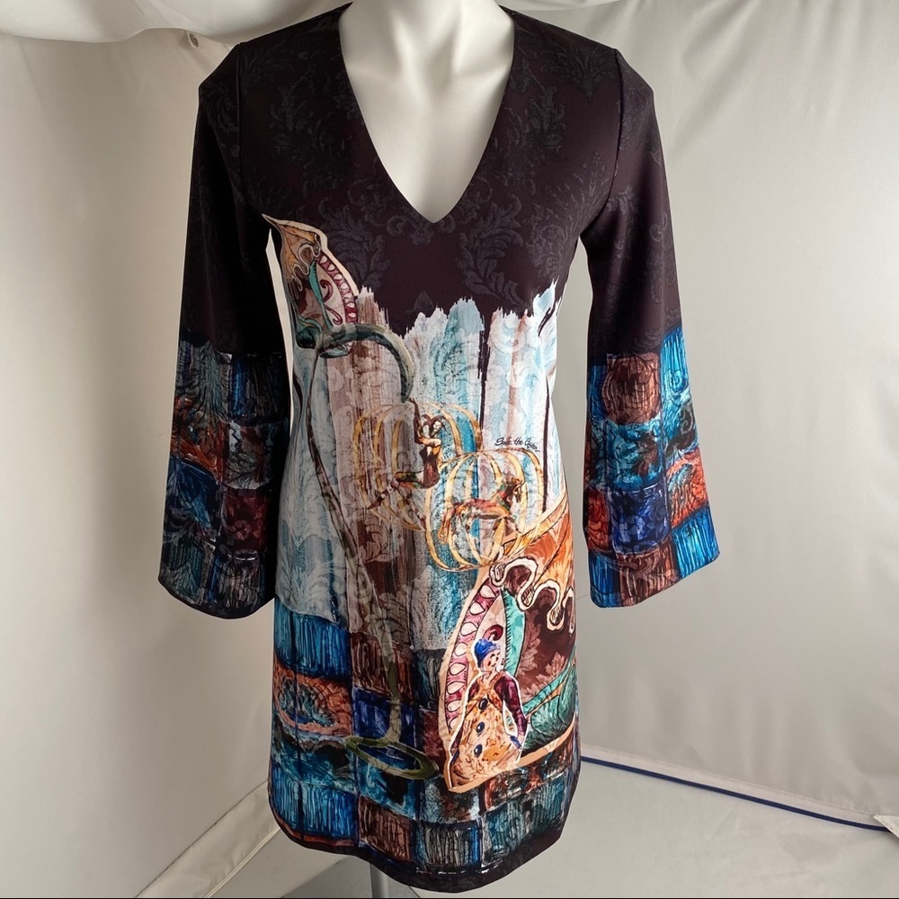 Save The Queen Circus black multicolor bell sleeve v-neck dress